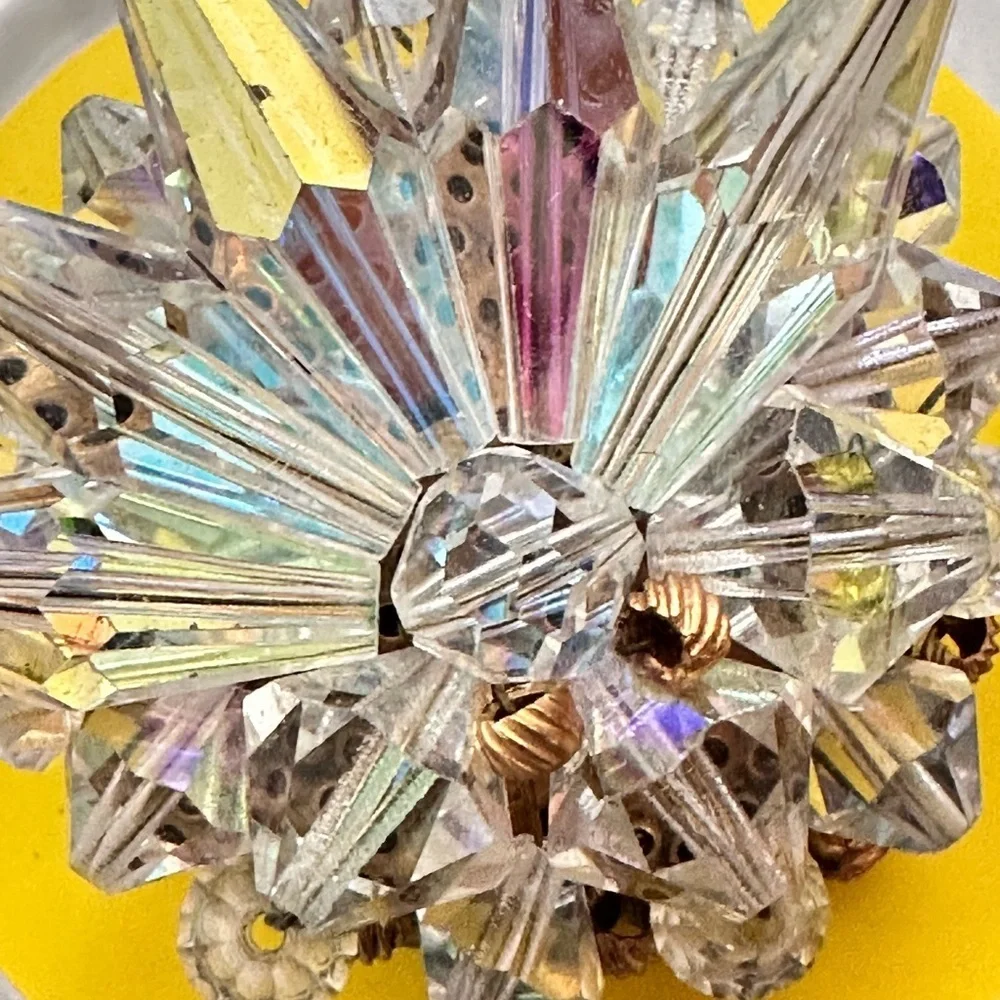 Vintage AB Crystal Starburst Wire Set Beaded Cluster Faceted Pin Brooch 0705 Y